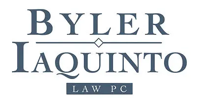 A blue and white logo for byler laquint law pc